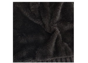 Macro shot of soft black fleece lining and thick knitted texture for winter thermal hats