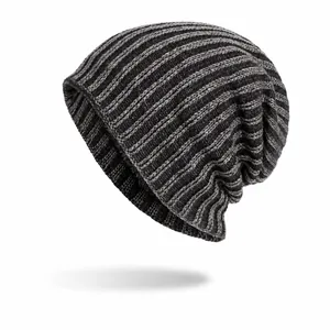 Unisex Winter Warm Knit Beanie Hat Fleece Lined Two Color Vertical Stripe Slouchy Ribbed Beanie For Men Women Outdoor Daily