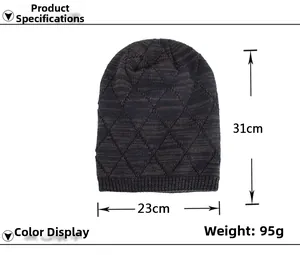 Detailed size parameters of brown and grey diamond knit beanie with ribbed cuff