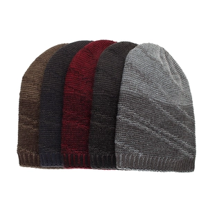 Set of five winter knitted beanie hats in assorted dark colors for outdoor warmth