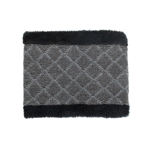 Winter knitted snood with black and grey diamond pattern and faux fur trim edges
