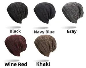 Detail view of five color options for slouchy knit beanie with diamond pattern texture
