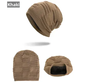 Detailed view of khaki knit beanie featuring thick plush fleece lining for winter warmth