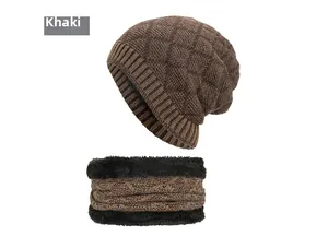 Detailed texture of khaki knitted beanie and neck warmer set with warm fleece lining