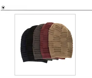 Detailed view of striped knit beanies in navy, black, grey, burgundy, and khaki colors