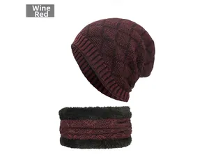 Detail view of wine red winter knit beanie and fleece-lined neck warmer set