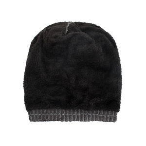 Winter thermal knit beanie hat with thick faux fur lining for cold weather warmth
