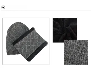 Detail of diamond-pattern knit beanie and neck warmer set with thick faux fur lining