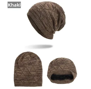 Close-up of khaki knit beanie featuring large diamond texture and warm fleece lining detail