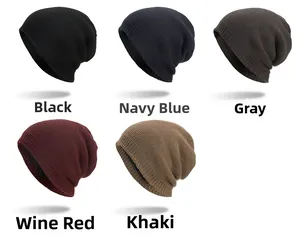 Detail view of knitted beanies in black navy gray wine and khaki colors for winter