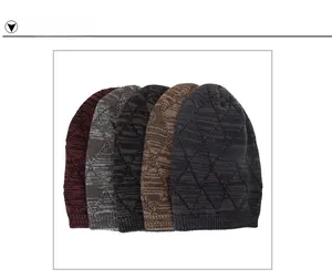 Detail view of five colors showing knitted diamond pattern on warm winter beanies