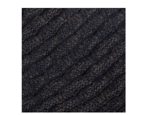 Nahaufnahme von dunkelblauem Strickstoff mit Waffelstruktur und warmen Fasern