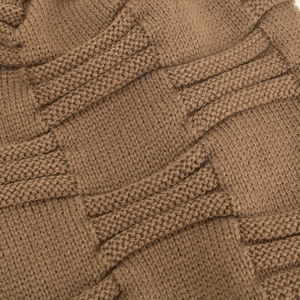 Brown knit beanie with warm caramel tone and geometric checkerboard textured pattern