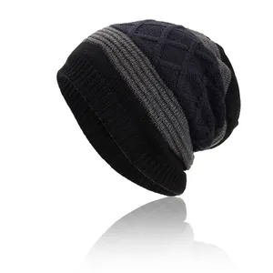 Bonnet en Tricot Chaud d'Hiver Unisexe Doublé Polaire Motif Rhombique Géométrique Rayé Bonnet pour Hommes Femmes Extérieur