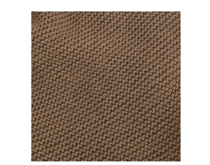 Close-up of thick brown knit fabric texture showing heavy stitch details on a warm winter hat