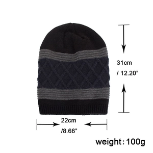 Bonnet tricoté d'hiver à motif losange avec doublure polaire, taille 31x22cm
