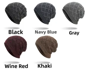 Detail view of five colors for knit beanie with diamond pattern and ribbed cuffs