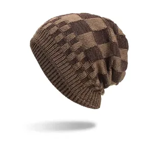 Bonnet D'hiver Unisexe En Tricot À Carreaux Pour Hommes Femmes Doublé Polaire Thermique Doux Chaud Bonnet Jacquard