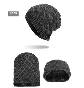 Detail view of black diamond knit beanie with thick fleece lining for winter warmth