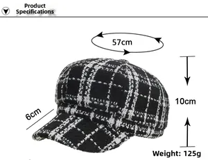 Detail specifications of black and white plaid tweed newsboy hat with 57cm circumference