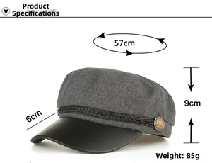 Detailed size parameters for grey wool military beret with black leather brim and gold button