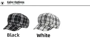 Detail view of black and white tweed checkerboard pattern textures on classic beret hats