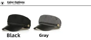 Detail view of black and grey wool newsboy caps with PU leather brim and braided rope