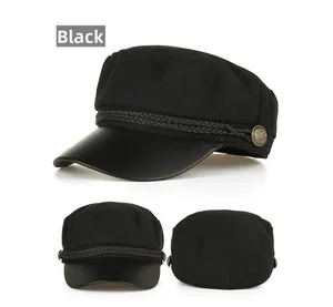 Detailed views of black wool navy cap with leather brim and braided cord decoration