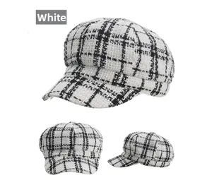 Detailed views of a white black plaid beret hat in classic newsboy style for women