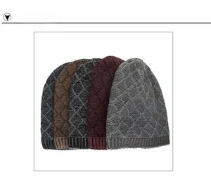 Detail of diamond pattern knit beanies in multiple colors with ribbed cuffs for winter