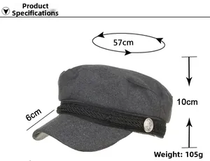 Cadet hat size details showing 57cm head circumference and 10cm height in grey wool