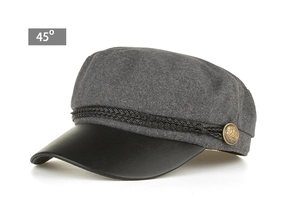 Detailed 45-degree angle view of winter wool beret with PU leather brim and braided cord
