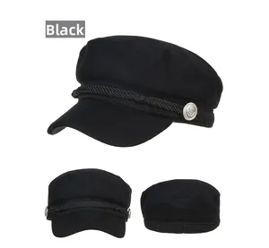 Detailed views of black wool military cap with braided rope and anchor embossed buttons