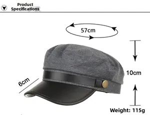 Grey newsboy cap dimensions: 57cm head circumference, 10cm depth, and 6cm brim width