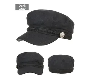 Detailed views of dark gray vintage military beret with braided rope and anchor button