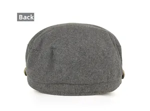 Rear view of a dark grey wool blend beret featuring stylish PU trim and metal side buttons