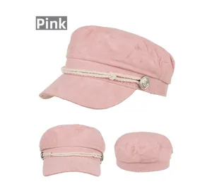 Pink flat top navy military cap detail view showing cotton fabric and silver buttons