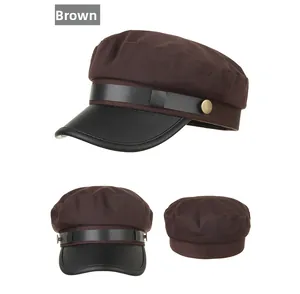 Three angles of a coffee brown newsboy hat with faux leather brim and metallic buckle detail