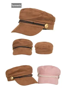 Detail view of cotton military cap with braided rope and anchor button decoration