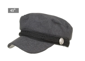 Detail of dark grey newsboy hat featuring a black braided rope and silver anchor button