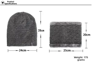 Detailed view of dark grey winter knit hat and neck warmer set with fleece lining