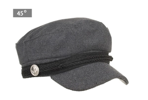 Detail of grey newsboy cap showing textured fabric and silver anchor button accent