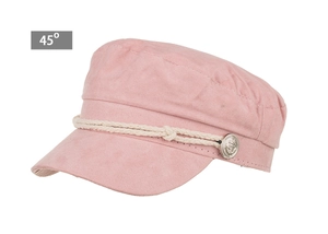Detailed side view of pink faux suede military baker boy cap with braided rope and anchor button