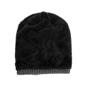 Winter thermal knit beanie with thick black fleece lining and grey ribbed cuff trim