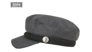 Side view of dark grey wool baker boy hat with braided rope and anchor button detail