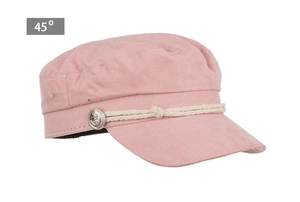 Detailed 45-degree side view of pink suede baker boy hat with braided rope and anchor button