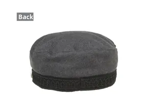 Detailed back view of a dark grey wool military cap with vintage braid trim and metal buckle