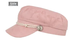 Detailed side view of pink cotton military cap featuring white rope and silver anchor button