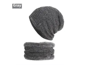 Detail of grey winter knit beanie and neck warmer set with soft fleece lining