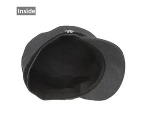 Detail view of the vintage gray wool military cap showing the black interior lining